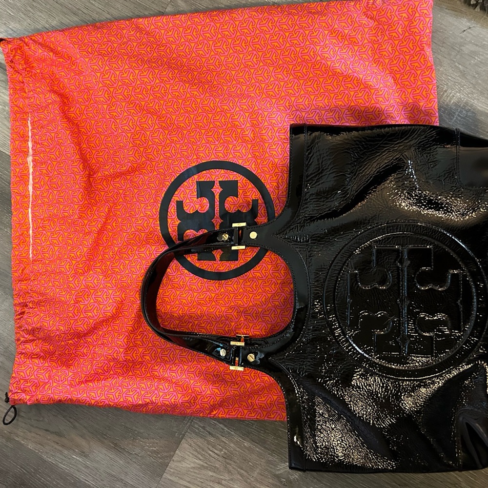 Tory Burch black patent leather large tote